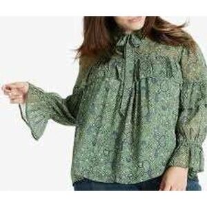 Lucky Brand Women's Green Paisley Floral Ruffle Tie Neck Blouse Top 3X Plus Size
